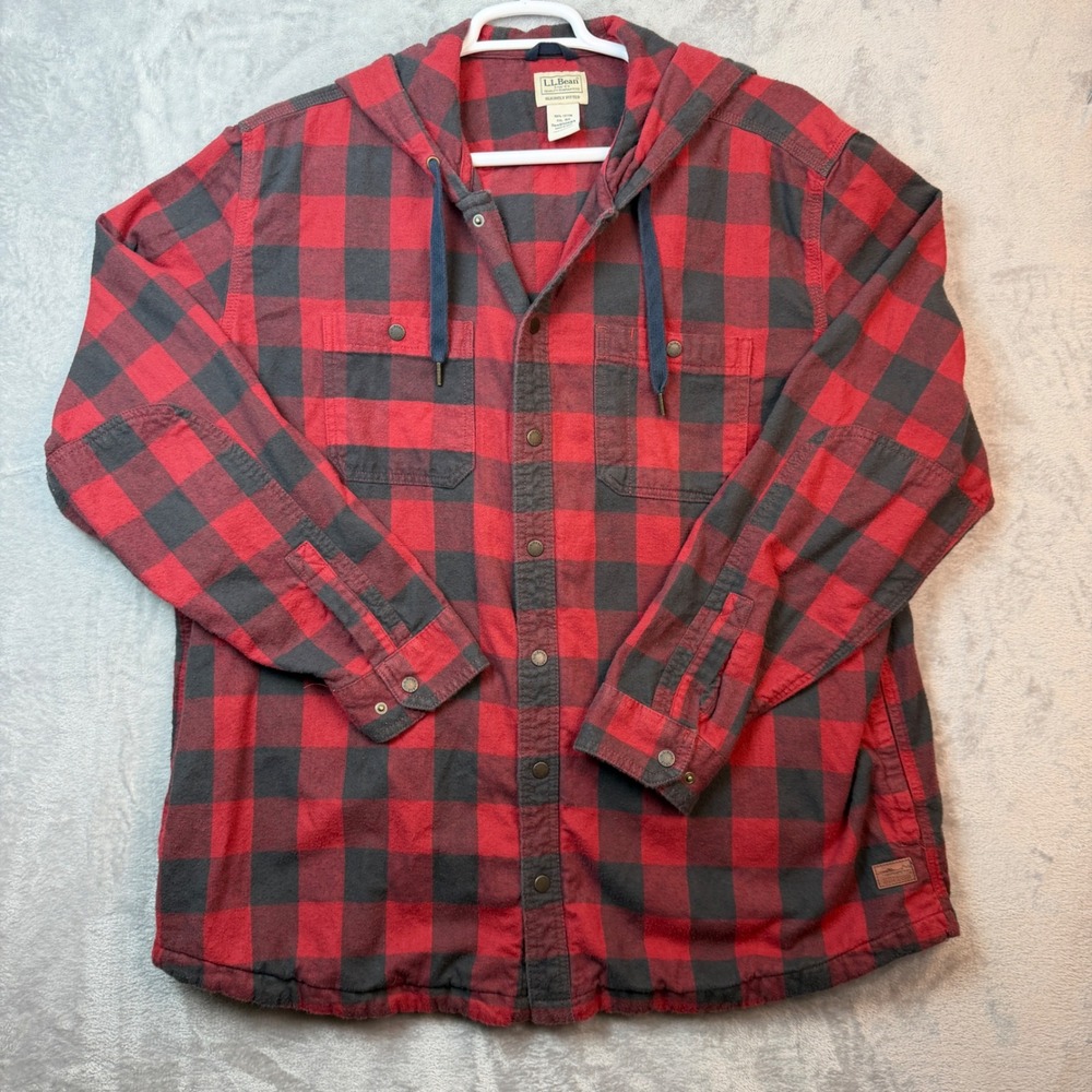 LL Bean Flannel Shirt Mens XXL Red Buffalo Plaid Hooded Slightly Fitted 508169